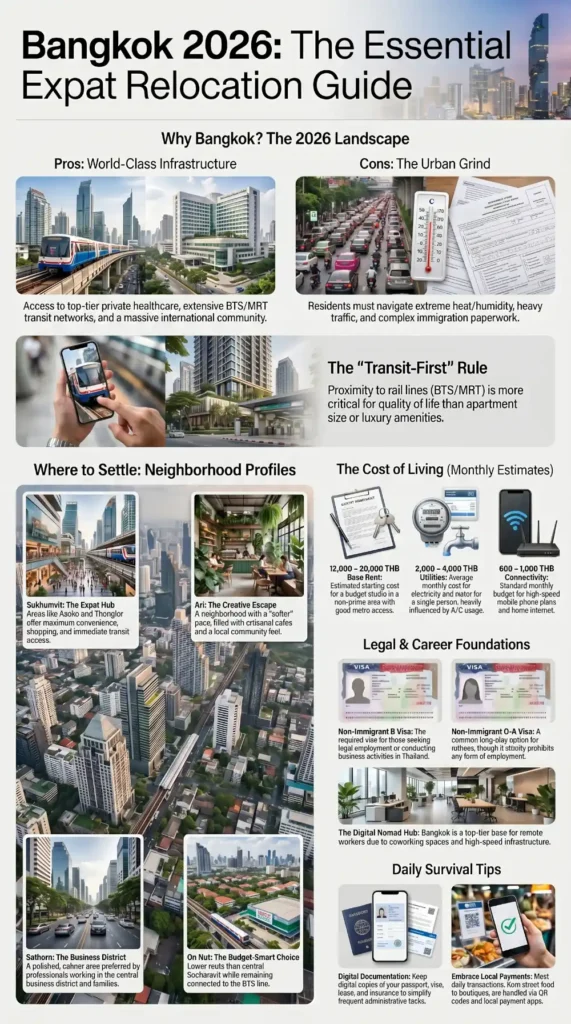Living in Bangkok in 2026 infographic showing expat neighborhoods, cost of living, visa options, healthcare, transportation, and relocation tips.