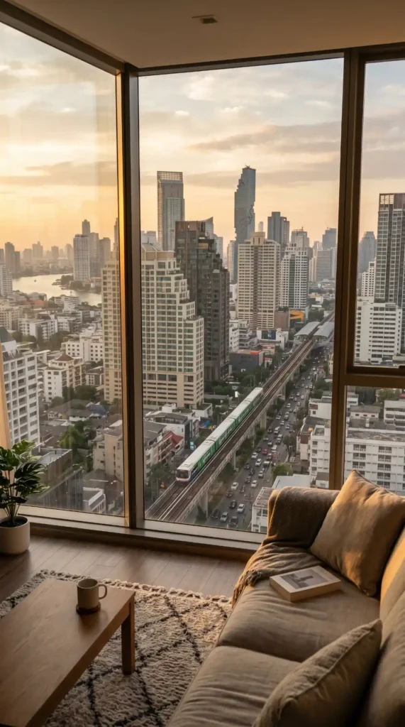 View from a Bangkok apartment overlooking the city's modern skyline and skyscrapers.