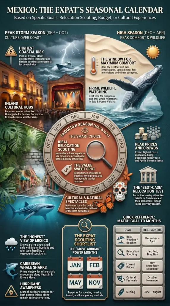 Best time to visit Mexico infographic showing high season, shoulder season, hurricane season, relocation scouting months, whale watching season, and cultural events.