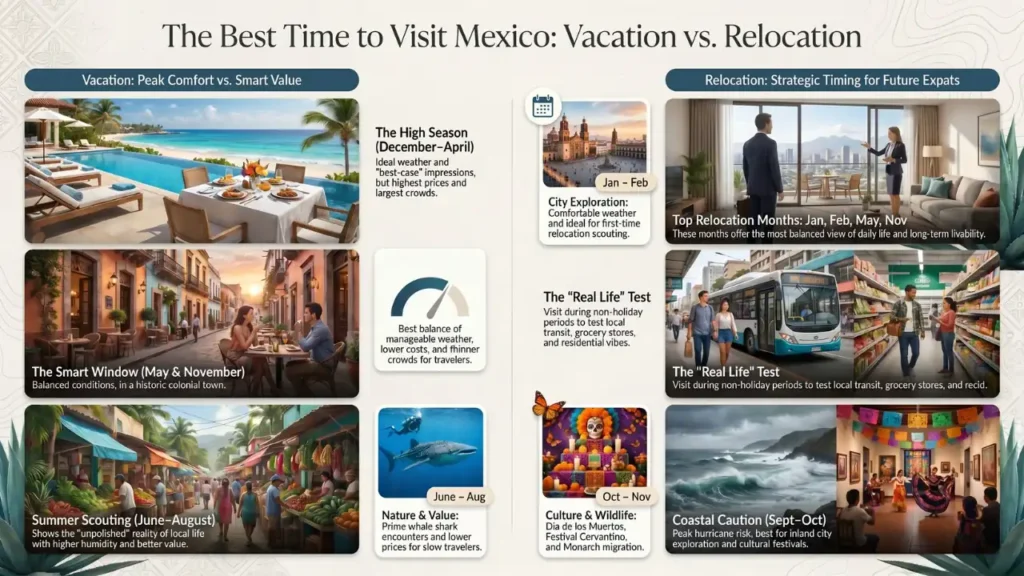 Vacation versus relocation timing infographic showing the best months to visit Mexico for weather, value, relocation scouting, cultural experiences, and daily life research.