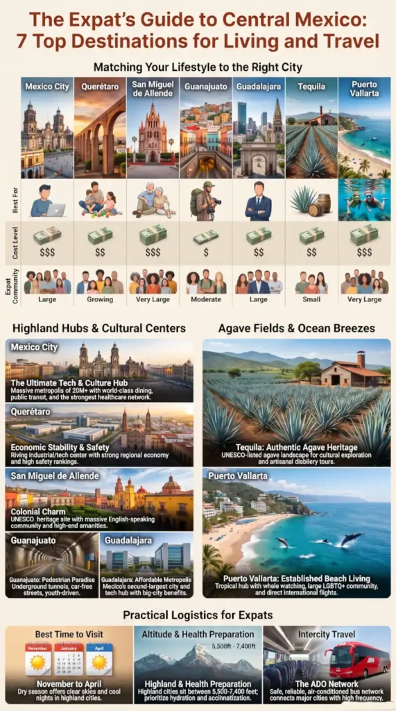 Infographic comparing seven Central Mexico cities for expats and travelers by lifestyle, cost of living, expat community, and travel highlights.