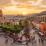 Panoramic view of Central Mexico cities featuring Mexico City, Querรฉtaro, and San Miguel de Allende showcasing colonial architecture, modern skylines, and mountain landscapes.