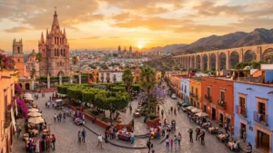 Panoramic view of Central Mexico cities featuring Mexico City, Querétaro, and San Miguel de Allende showcasing colonial architecture, modern skylines, and mountain landscapes.