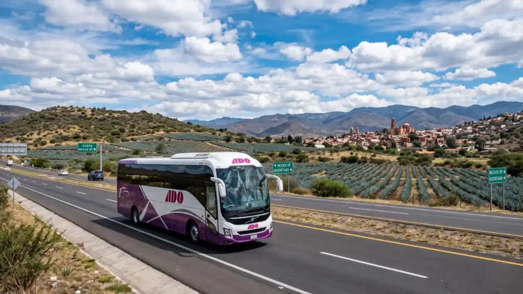 Modern ADO coach bus traveling through Central Mexico with mountains, agave fields, and scenic highways connecting major cities.