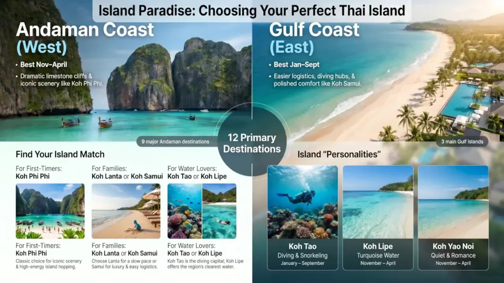 Infographic comparing South East Thailand islands on the Andaman Coast and Gulf Coast, including Koh Phi Phi, Koh Samui, Koh Tao, Koh Lanta, Koh Lipe, and Koh Yao Noi, with recommendations based on travel style and season.