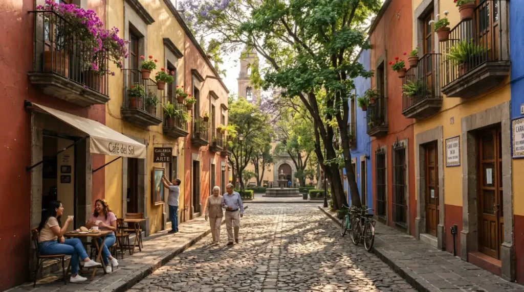 Colonial architecture and tree-lined streets in the historic Mexico City neighborhoods of Coyoacán and San Ángel.