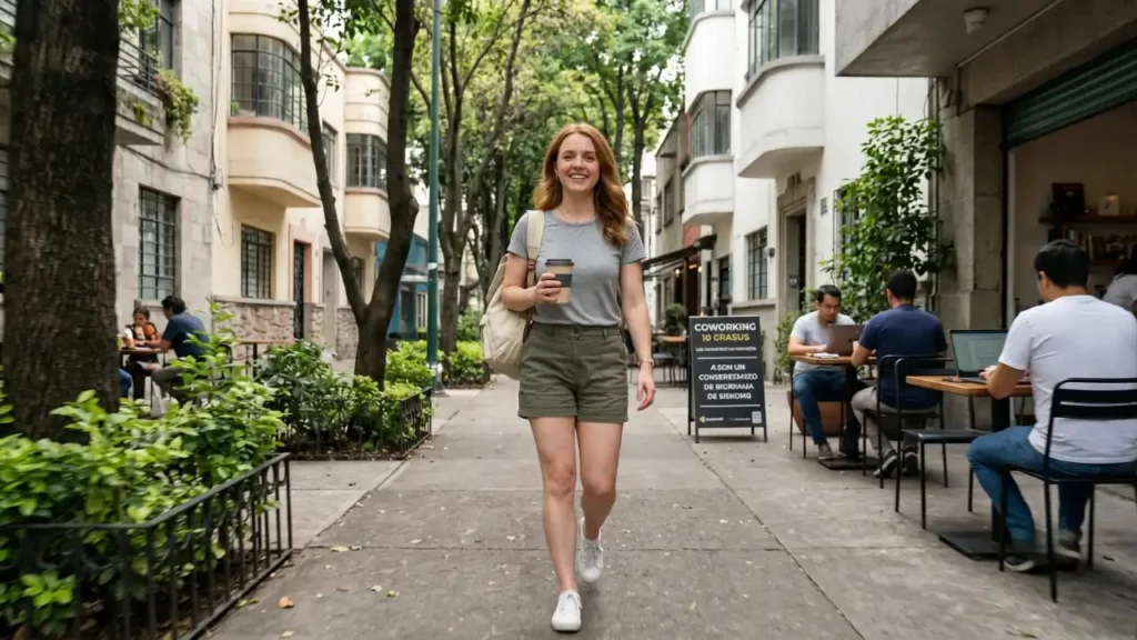 Remote worker enjoying a flexible lifestyle in a walkable Mexico City neighborhood with cafes and coworking-friendly surroundings.