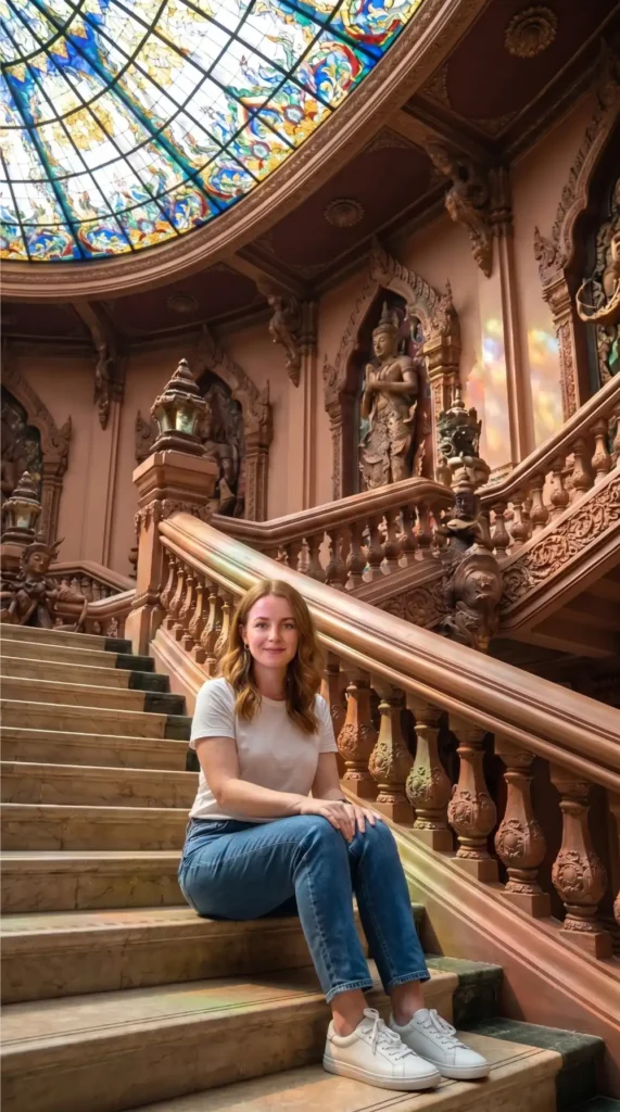 Emma Hamilton sitting on the staircase inside the Erawan Museum in Thailand.