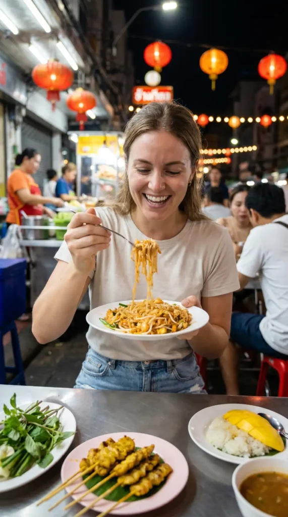Emma Hamilton trying Thai street food at a local Bangkok night market.