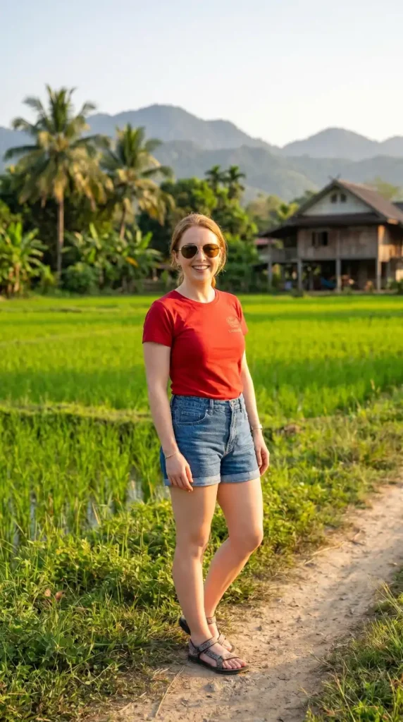 Foreign English teacher standing in the Thai countryside surrounded by rice fields and tropical scenery.