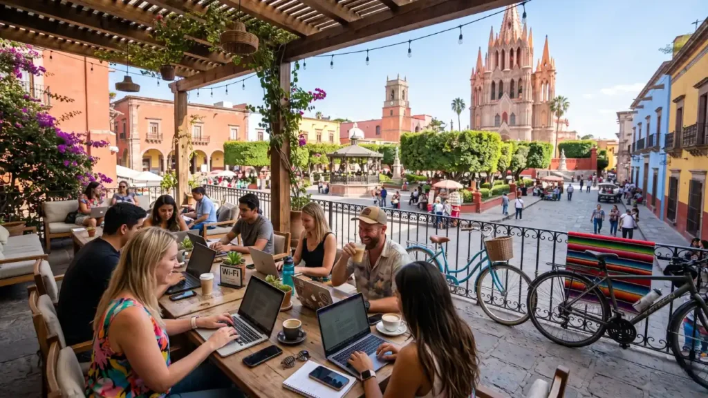 Remote workers and expats enjoying an outdoor café in a historic Central Mexico plaza surrounded by colonial architecture and leafy streets.