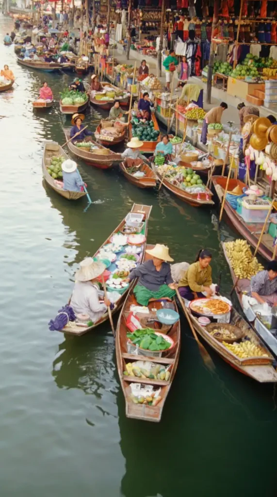 Traditional floating market in Thailand with vendors selling food and produce from wooden boats.