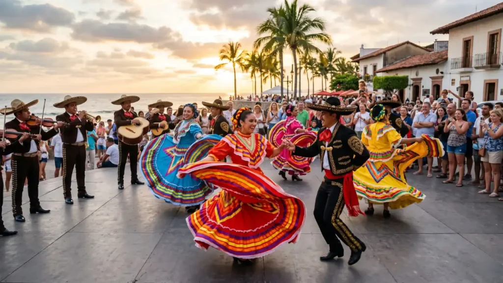 Traditional Mexican folklórico dancers performing in colorful costumes in Puerto Vallarta, Jalisco.