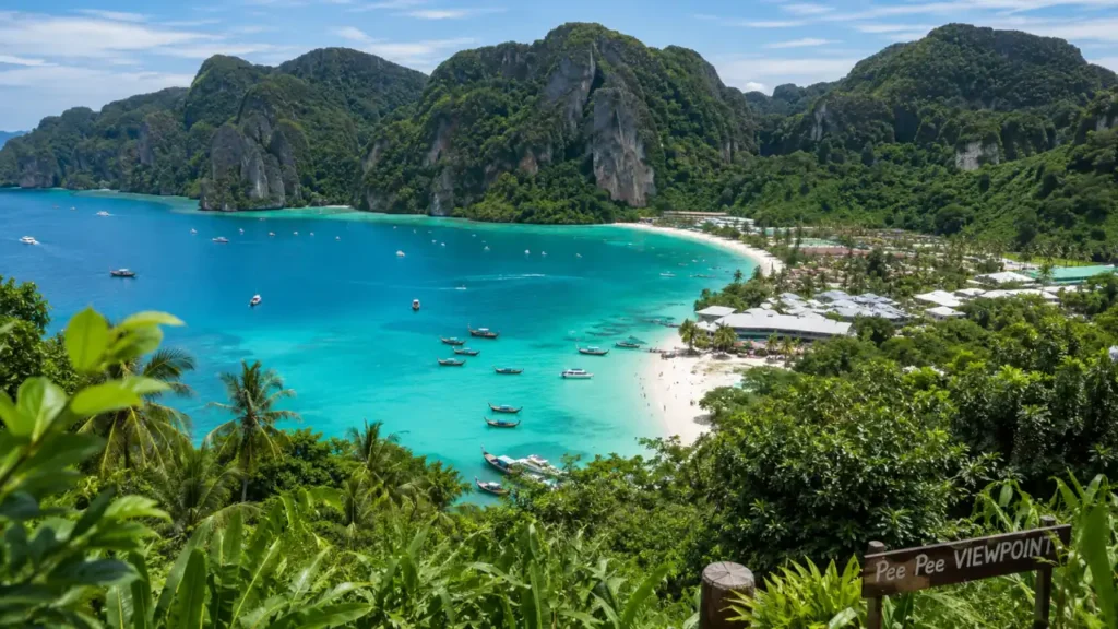 View of Koh Phi Phi in Southern Thailand with limestone cliffs, turquoise water, and traditional longtail boats near Maya Bay.