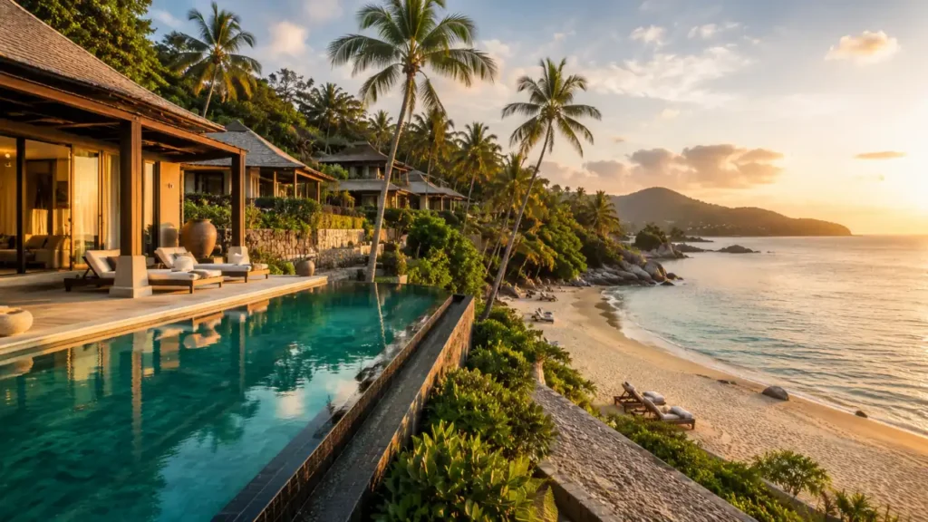 Luxury beachfront resort on Koh Samui with palm trees, white sand beach, and an infinity pool overlooking the Gulf of Thailand.