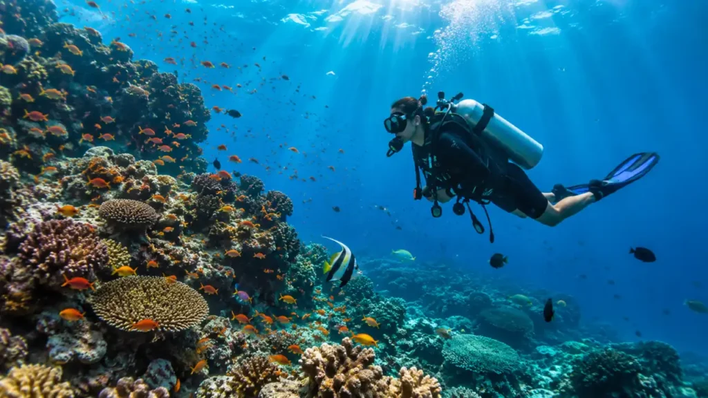 Scuba diver exploring a coral reef in Koh Tao, one of Thailand's most popular destinations for diving and snorkeling.