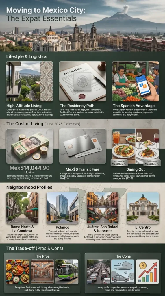 Living in Mexico City expat guide infographic showing cost of living, visa requirements, neighborhoods, transportation, and pros and cons for expats.