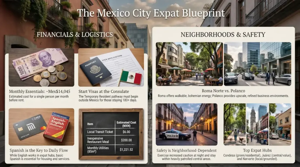 Mexico City expat infographic comparing neighborhoods, safety considerations, visa planning, Spanish language needs, and monthly living costs.