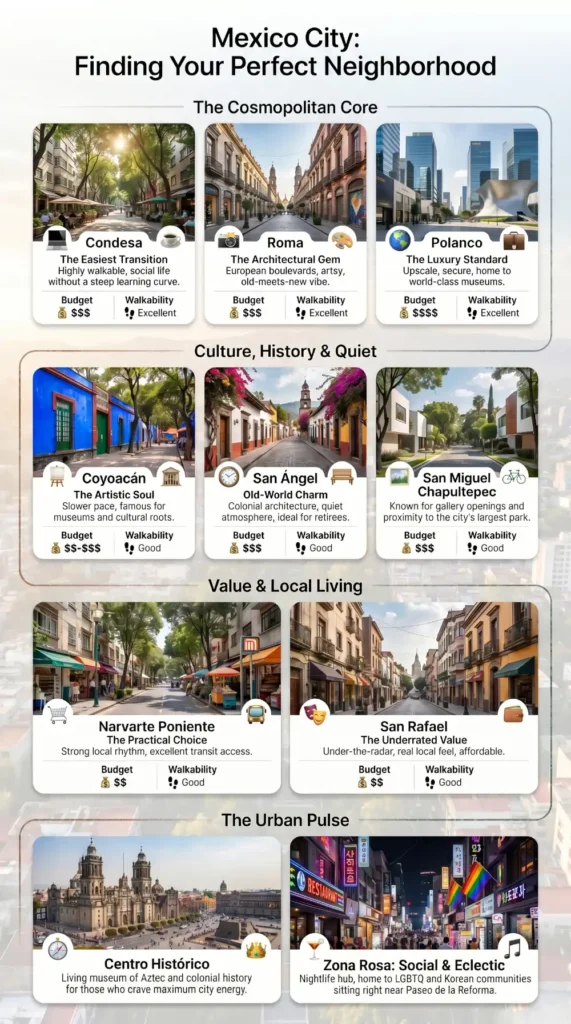 Comparison of Mexico City neighborhoods for expats, including Condesa, Roma, Polanco, Coyoacán, San Ángel, San Miguel Chapultepec, Narvarte Poniente, San Rafael, Centro Histórico, and Zona Rosa.