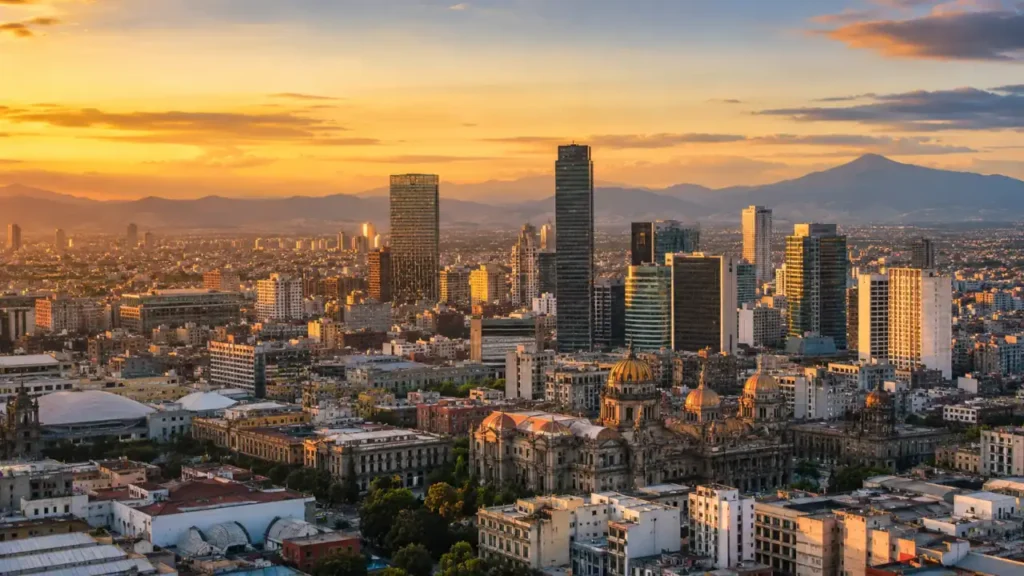 Mexico City skyline showing the high-altitude urban landscape and surrounding mountains.