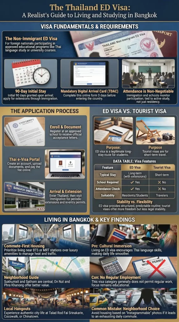 Infographic explaining the Non-Immigrant ED Visa in Thailand, including requirements, application steps, visa extensions, tourist visa comparisons, and daily life in Bangkok.
