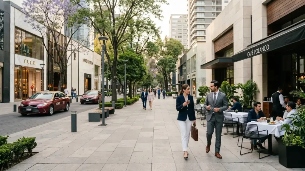 Modern streetscape in Polanco, one of Mexico City's most upscale neighborhoods known for luxury shopping, museums, and premium residences.