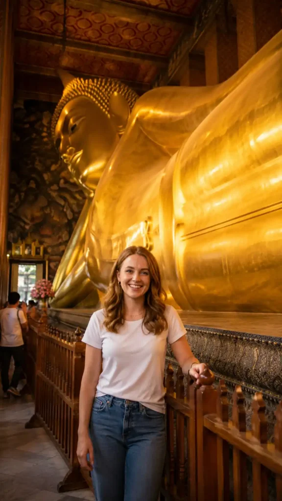 Reclining Buddha statue inside a historic Thai temple.
