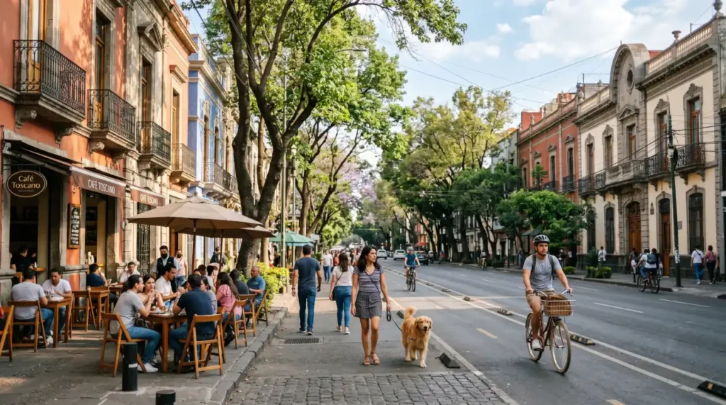 Tree-lined street in Roma Norte, one of Mexico City's most popular neighborhoods for expats and digital nomads.