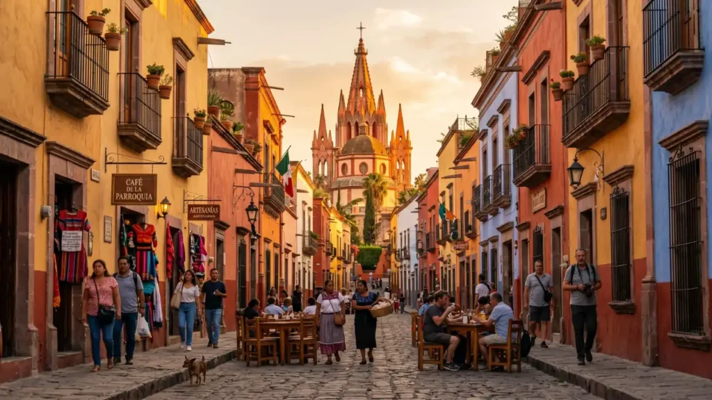 Historic streets and colonial architecture in San Miguel de Allende, Guanajuato, Mexico during golden hour.