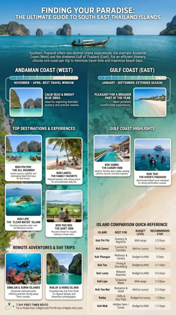 Infographic comparing the best South East Thailand islands, including Koh Phi Phi, Koh Samui, Koh Tao, Koh Lanta, Koh Lipe, and Koh Yao Noi across the Andaman Coast and Gulf Coast.