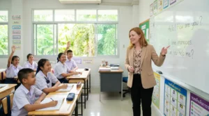 English teacher leading a classroom lesson with Thai students in a modern school in Thailand.