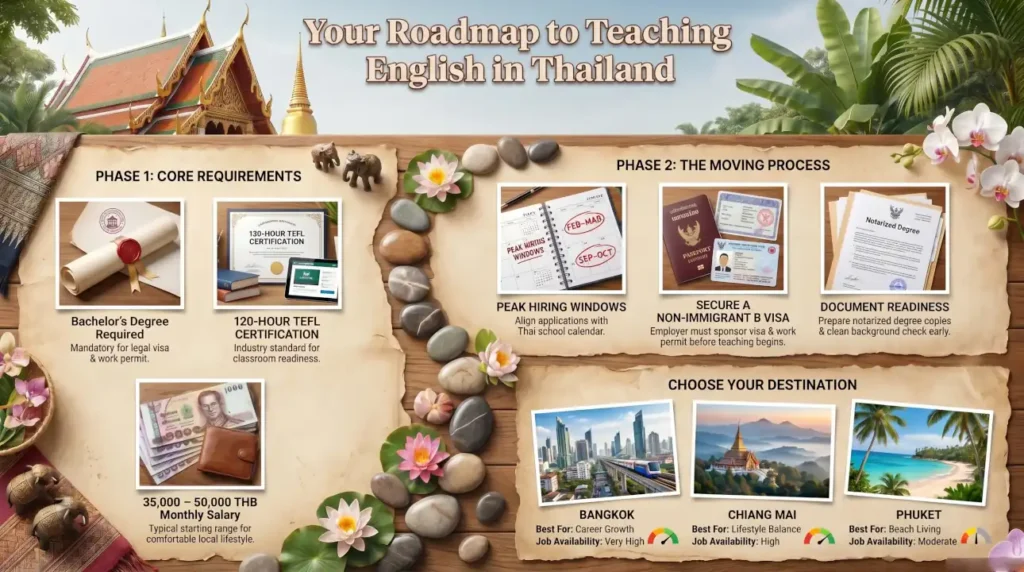Roadmap showing the steps to teaching English in Thailand, including degree requirements, TEFL certification, hiring seasons, visa process, salary expectations, and popular teaching destinations.