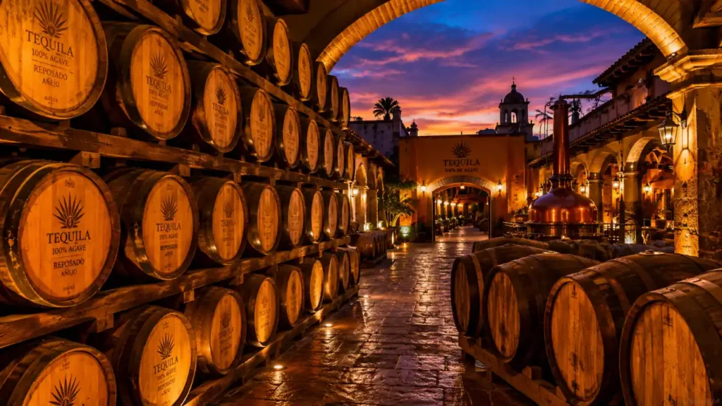 Traditional tequila distillery in Tequila, Jalisco with rows of aging oak barrels illuminated at twilight inside a rustic barrel warehouse.