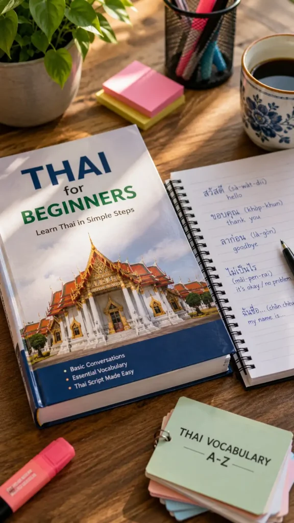 Thai language textbook and study notebook used by a student on a Non-Immigrant ED Visa in Thailand.