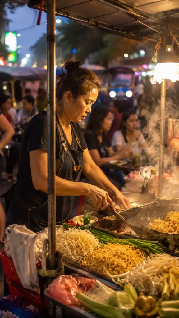 Thai street food vendor preparing local dishes in Bangkok.