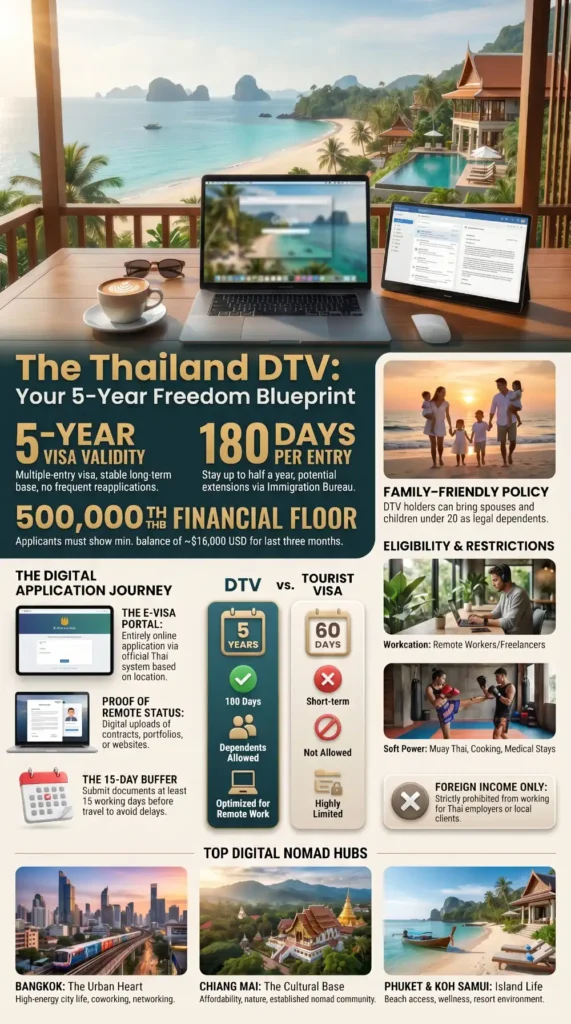 Thailand Digital Nomad Visa (DTV) guide showing 5-year validity, 180-day stays, eligibility requirements, application process, family benefits, and top digital nomad destinations in Thailand.