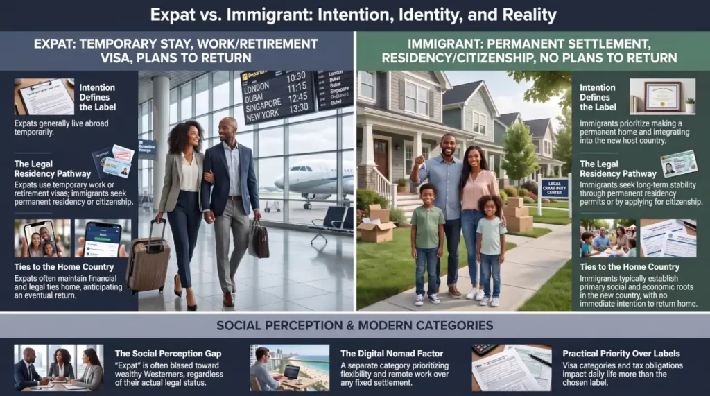 Infographic comparing an expat and an immigrant by intention, visa pathway, residency status, ties to the home country, social perception, and digital nomad lifestyle.