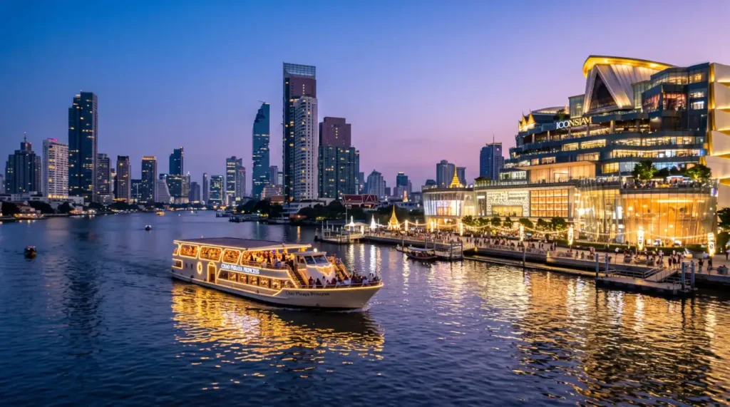 Evening view of ICONSIAM along the Chao Phraya River with an illuminated dinner cruise passing through Bangkok.