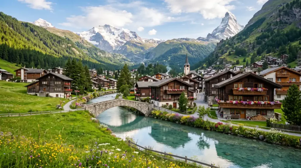 Scenic European alpine village beside a river with snow-capped mountains, representing the lifestyle many remote workers and digital nomads seek.