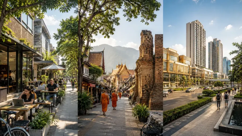 Split-scene comparison of Nimman, the Old City, and Chiang Mai's modern business district.