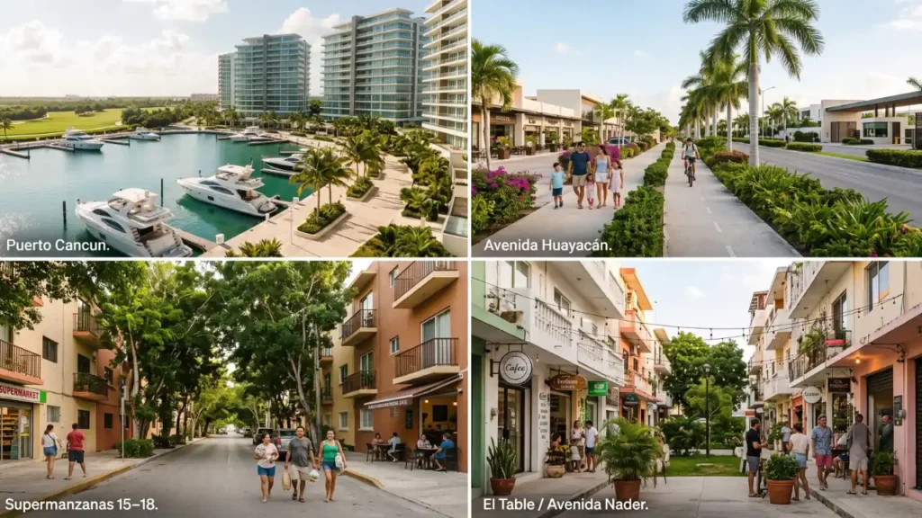 Collage comparing popular neighborhoods for expats in Cancun, including Puerto Cancun, Avenida Huayacán, Supermanzanas 15–18, and El Table.