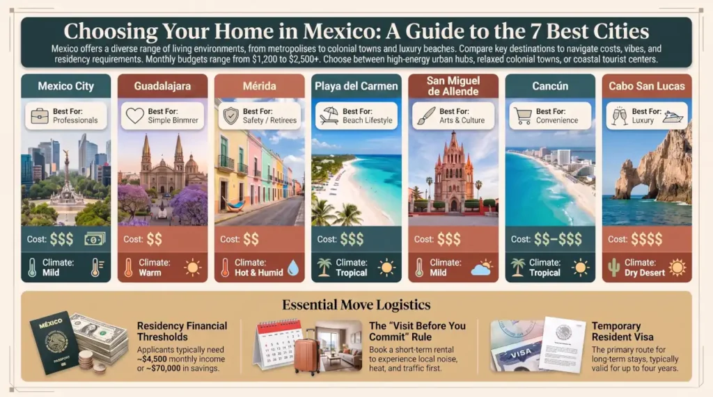 Comparison infographic showing the seven best places to live in Mexico, including Mexico City, Guadalajara, Mérida, Playa del Carmen, San Miguel de Allende, Cancún, and Cabo San Lucas, with their ideal lifestyle, cost level, and climate.
