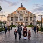 Palacio de Bellas Artes in Mexico City during golden hour with locals wearing traditional Mexican clothing.