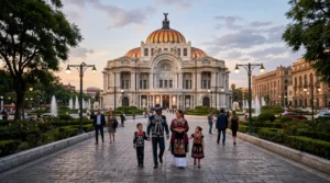 Palacio de Bellas Artes in Mexico City during golden hour with locals wearing traditional Mexican clothing.