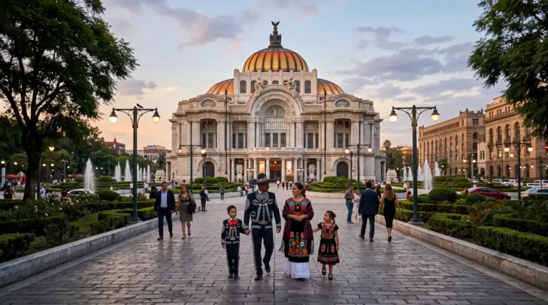Palacio de Bellas Artes in Mexico City during golden hour with locals wearing traditional Mexican clothing.