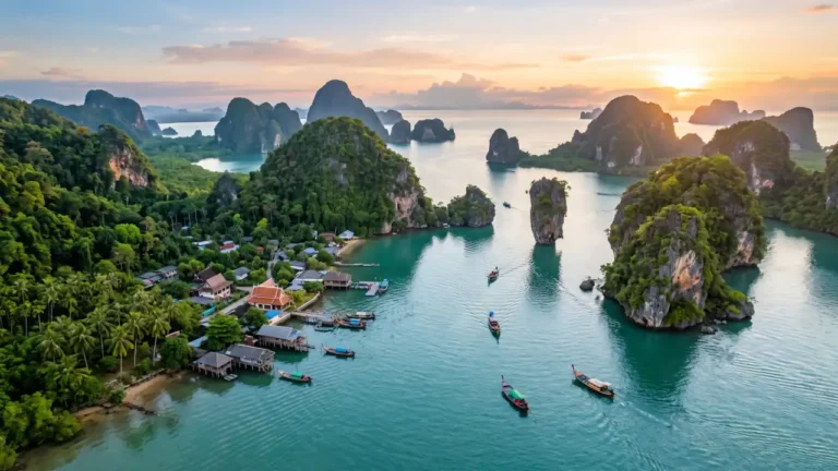 Scenic view of Thailand featuring limestone islands, a traditional long-tail boat, lush tropical scenery, and a golden Buddhist temple at sunrise.