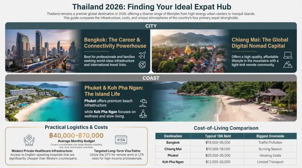 Infographic comparing the best places to live in Thailand for expats in 2026, including Bangkok, Chiang Mai, Phuket, Koh Pha Ngan, estimated monthly living costs, healthcare, and long-term visa options.