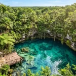 Crystal-clear cenote surrounded by lush tropical jungle in the Yucatán Peninsula, Mexico, representing the region's natural beauty and lifestyle.