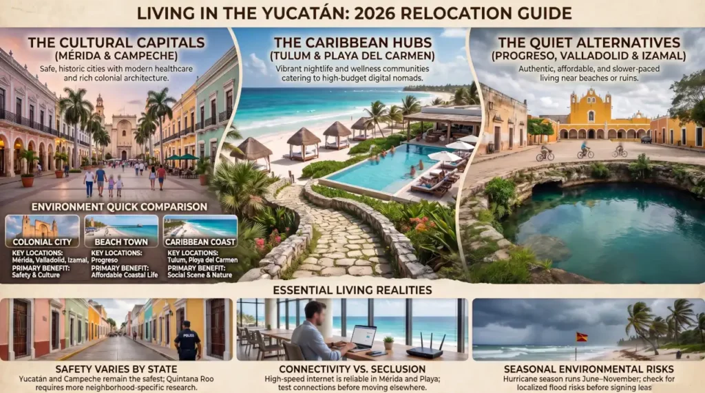 Infographic comparing the best places to live in the Yucatán Peninsula, including Mérida, Campeche, Playa del Carmen, Tulum, Valladolid, Izamal, and Progreso, with key lifestyle, safety, and relocation considerations.