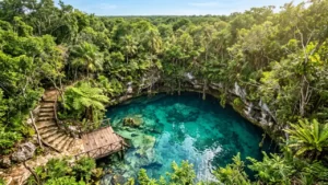 Crystal-clear cenote surrounded by lush tropical jungle in the Yucatán Peninsula, Mexico, representing the region's natural beauty and lifestyle.